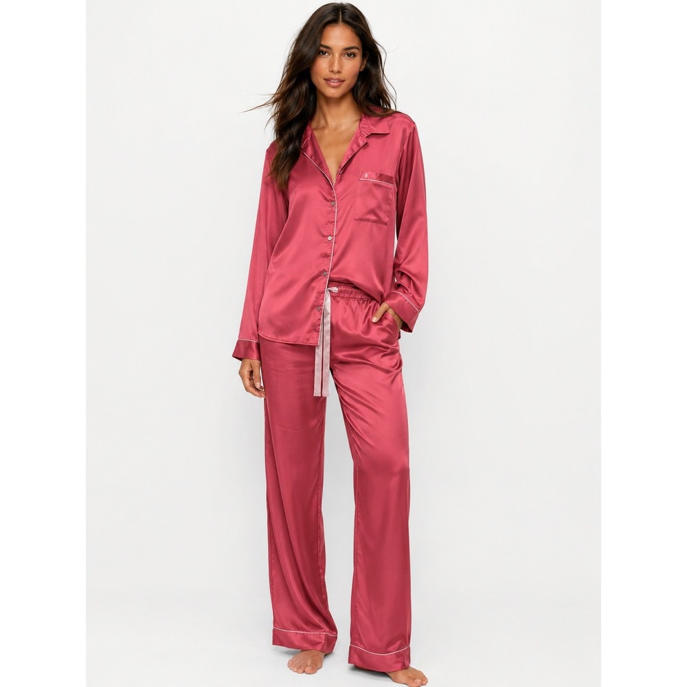 Victoria's Secret Satin Pajama Set Raspberry Pink Long Sleeve Pants S Long NWT